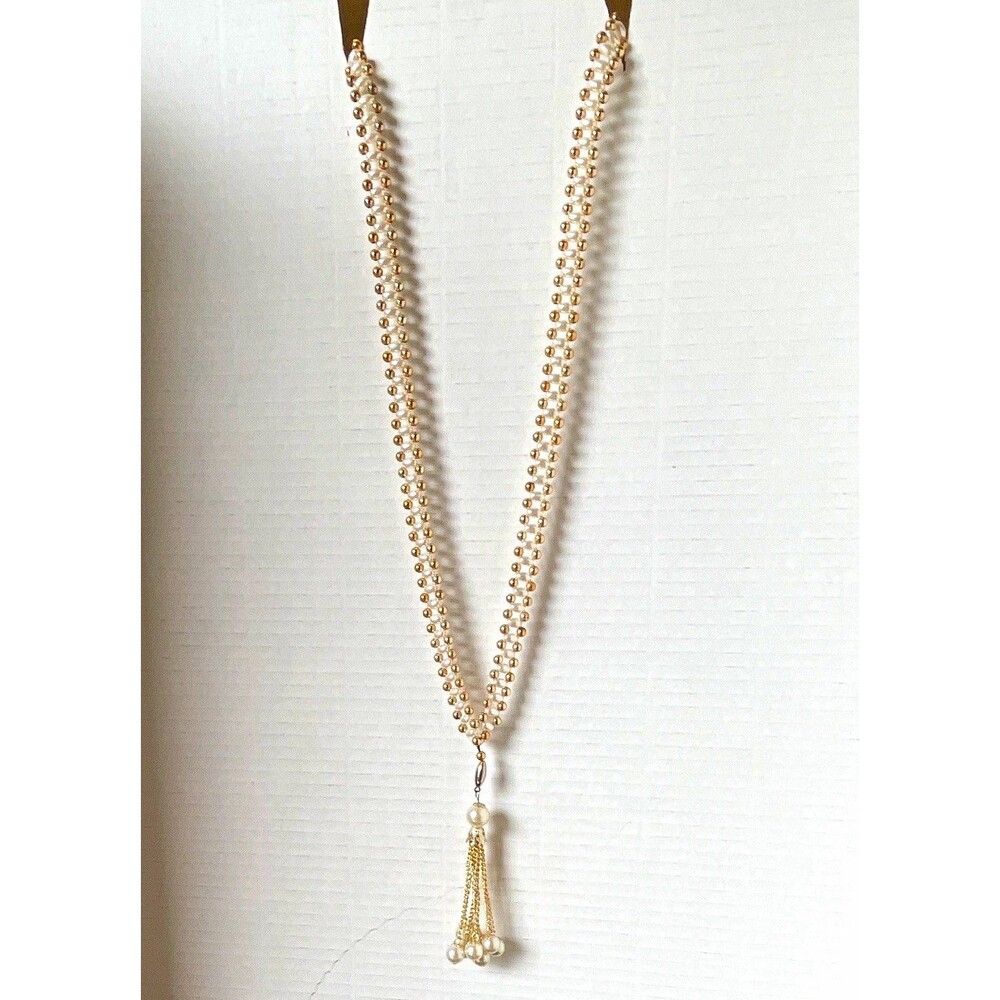 Pearls Gold Tone Beaded Ball Chain Simulated Pearls + Tassel Necklace Excellent